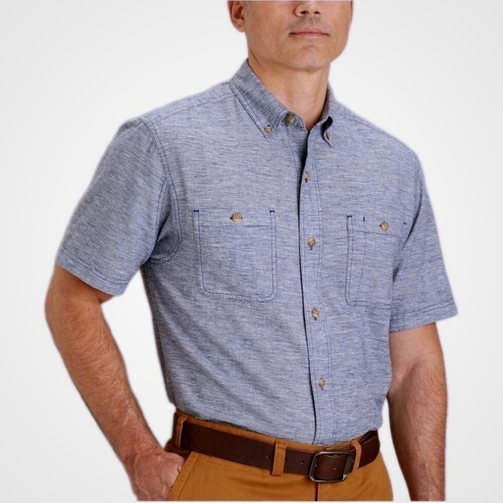 Duluth Trading Co Men's Hemp Organic Cotton Button Up SS Shirt Blue XLT FLAW